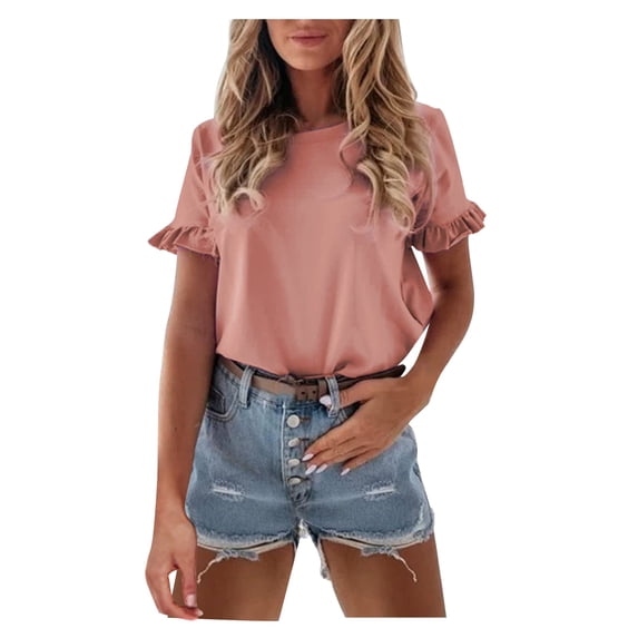 PMVFHDE Womens Tops Summer Elegant Casual Loose Fit Round Neck Short Sleeve Ruffle Trim T Shirt Blouse Pink,M