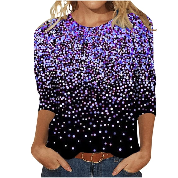 PMVFHDE Womens Tops Three-Quarter Length Sleeve Round Neck Printed Tunic Blouse with Shine