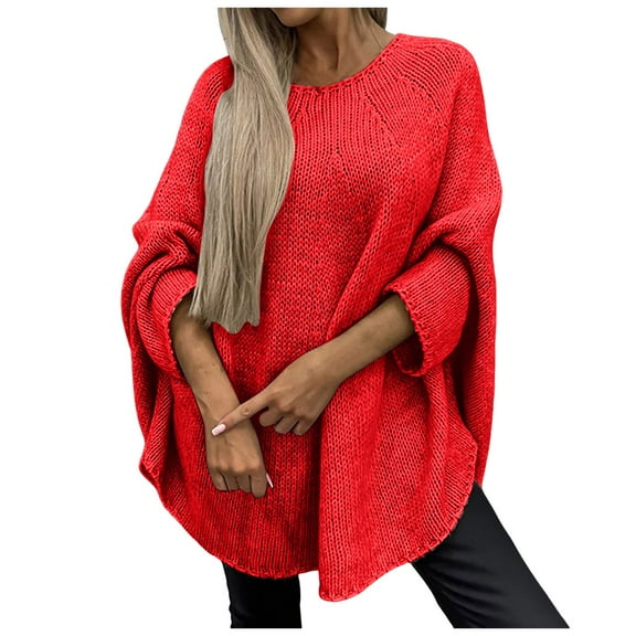 PMVFHDE Womens Tops Autumn Solid Color Loose Cape Poncho Style Knit Pullover Statement Red,S