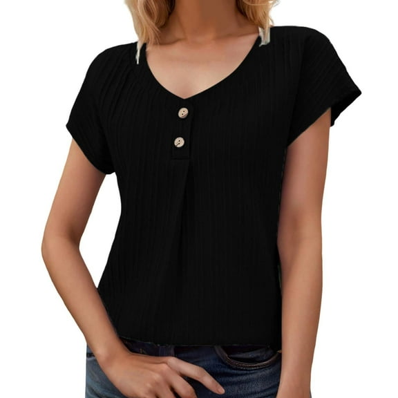PMVFHDE Womens Tops Spring Solid Color Button Detail Short Sleeve Lightweight Black,XL