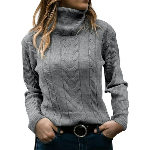 PMVFHDE Womens Turtleneck Long Sleeve Knit Sweaters 2025 Fall Winter Solid Color Retro Style turtleneck tops for women Grey,M