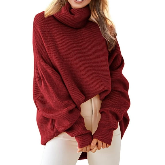 PMVFHDE Womens Turtleneck Oversized Long Batwing Sleeve Fall Sweater Plus Size Pullover Sweaters For Women Ribbed Knit Warm Red,M