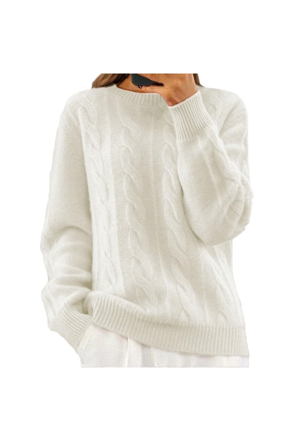Womens Winter Clothes&nbsp;Autumn Casual Round Neck Solid Color Knit Retro Aran Pullover Cozy White，M