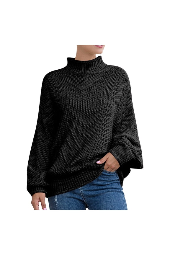 Womens Winter Clothes Autumn Solid Color Loose Casual Thick Yarn Rolled Bat Sleeve Knit Cozy Black,XXL