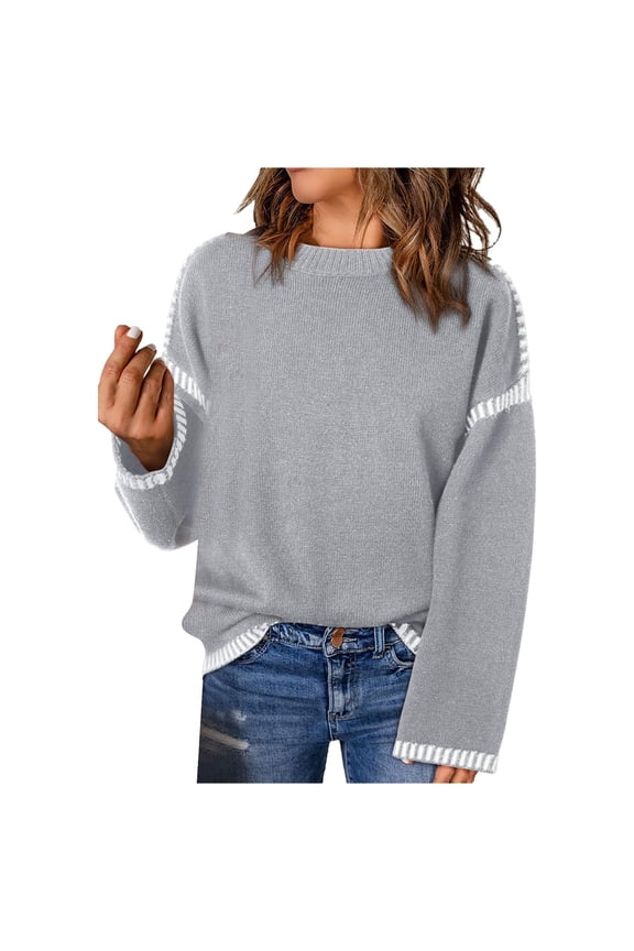 Womens Winter Clothes&nbsp;Solid Color Round Neck Loose Long Sleeve Color Block Aran Knit Pullover Tops Grey，S