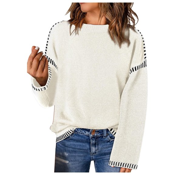 PMVFHDE Womens Winter Clothes Solid Color Round Neck Loose Long Sleeve Color Block Aran Knit Pullover Tops White,S