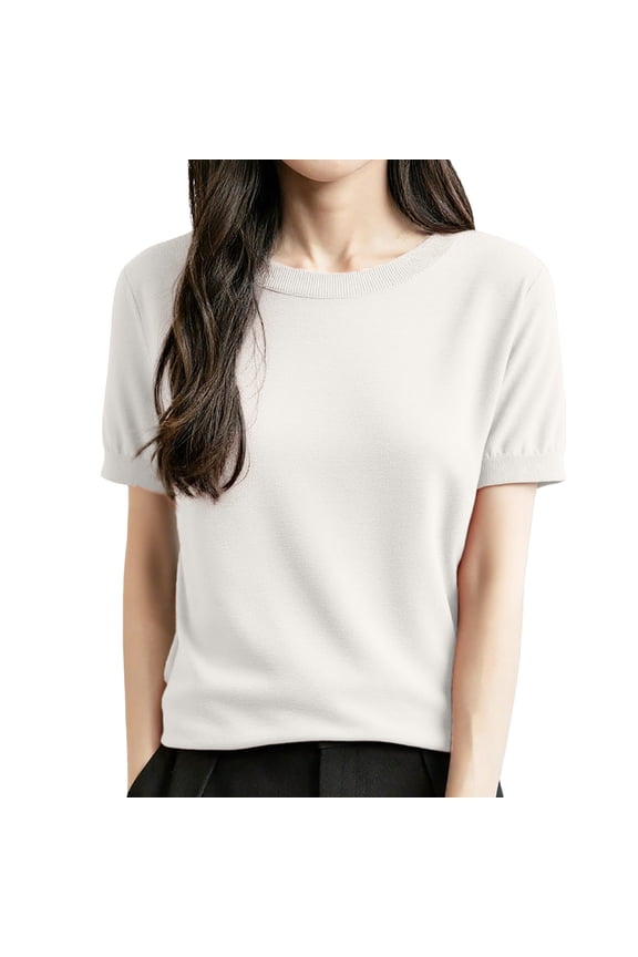Womens Wool Blend Summer Fall Tops Lightweight Business Casual Blouses Solid Color Round Neck Short Sleeve Loose Fit&nbsp;Womens Tops White,XXL
