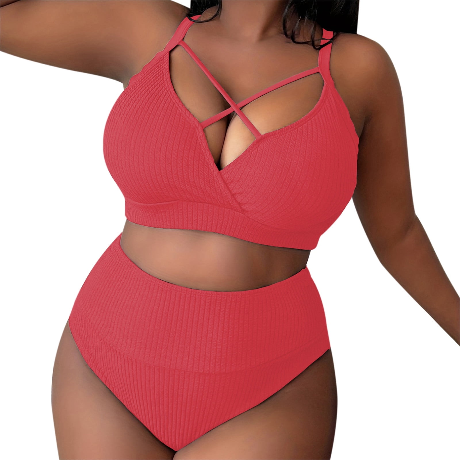 PMVFHDE Womens plus Swimsuits Size 24 2024 Women s Sexy Plus Size Solid Color Suspender High Waisted Bikini Plus Size Swimsuit Watermelon Red XL Walmart