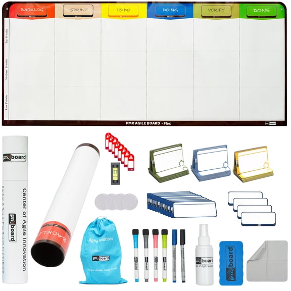 PMXBOARD 6 Column Magnetic Kanban Board, Scrum Board Flex Whiteboard Kit. Agile Kit, 106 Magnetic Kanban Card Kit, Scrum Card Set. Project Management Board for Project Planning, Scrum Whiteboard Kit