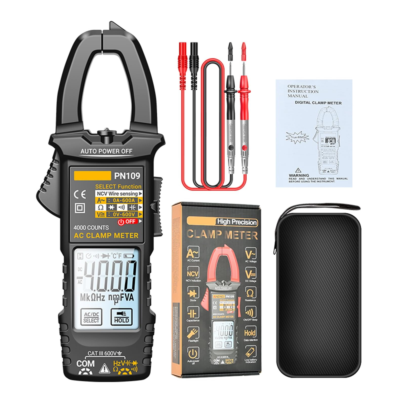 PN109 Multimeter 4000 Counts Digital Display Clamp Meter Tester Battery Operated(NOT Included)