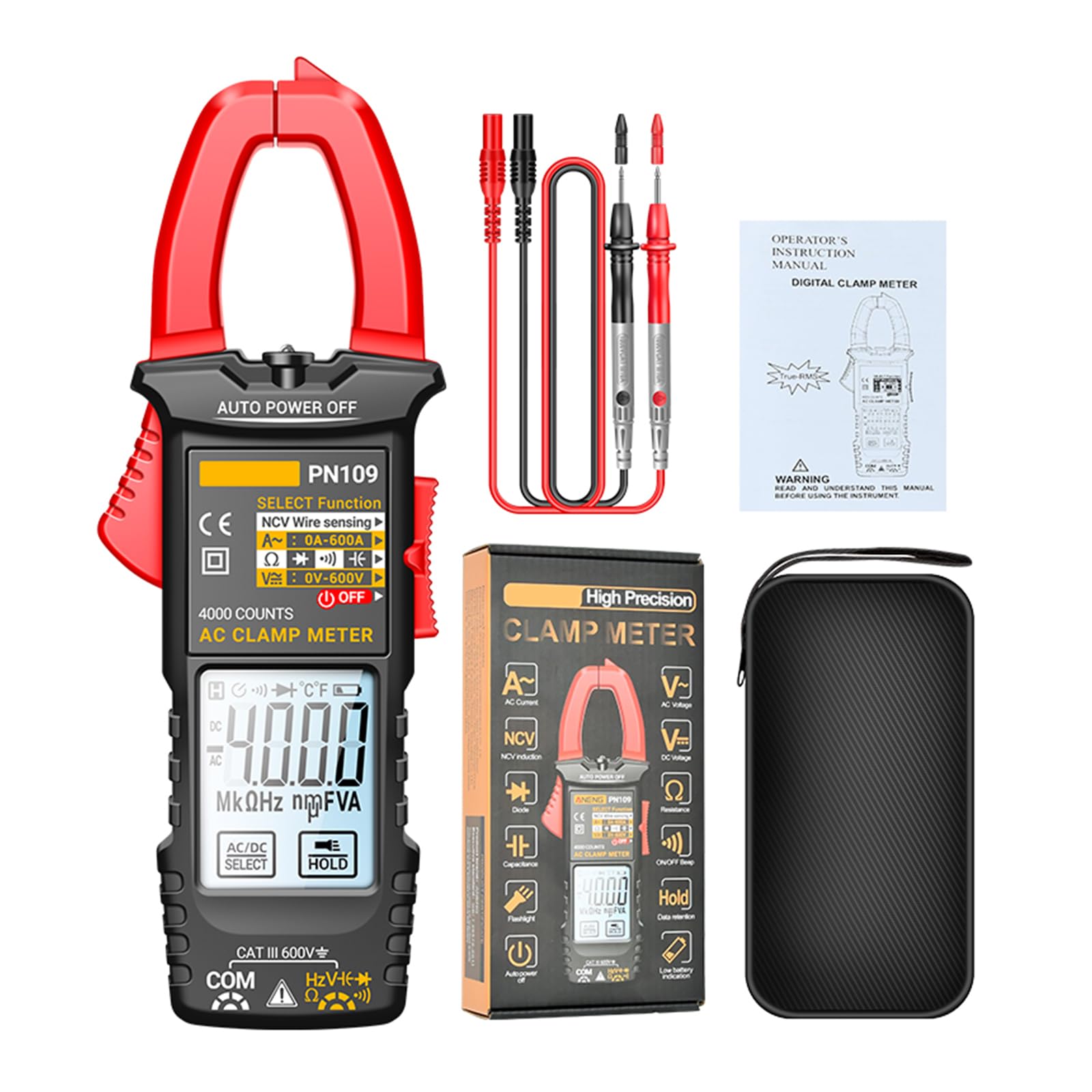 PN109 Multimeter 4000 Counts Digital Display Clamp Meter Tester Battery Operated(NOT Included)