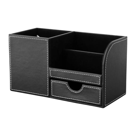 VKLU Black PU Leather Desk Organizer, Office Supplies Storage Caddy with Drawer and 3 Compartments, Home and Hotel Decor