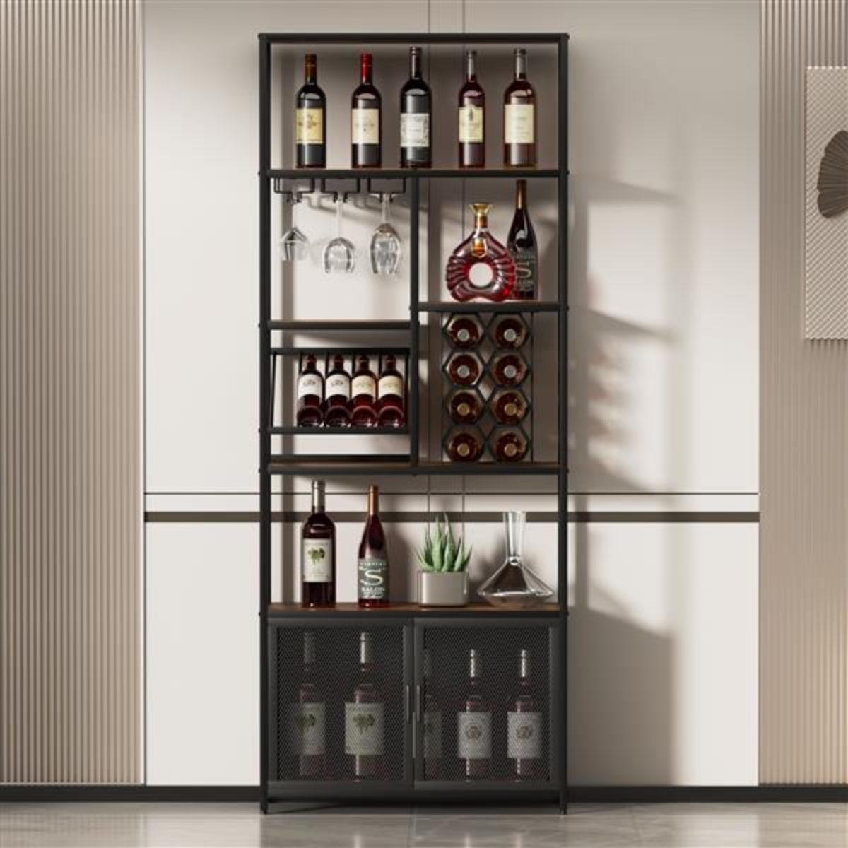 PNGCNG 82.7” Industrial Standing Wine Rack with Glass Rack Tall Floor