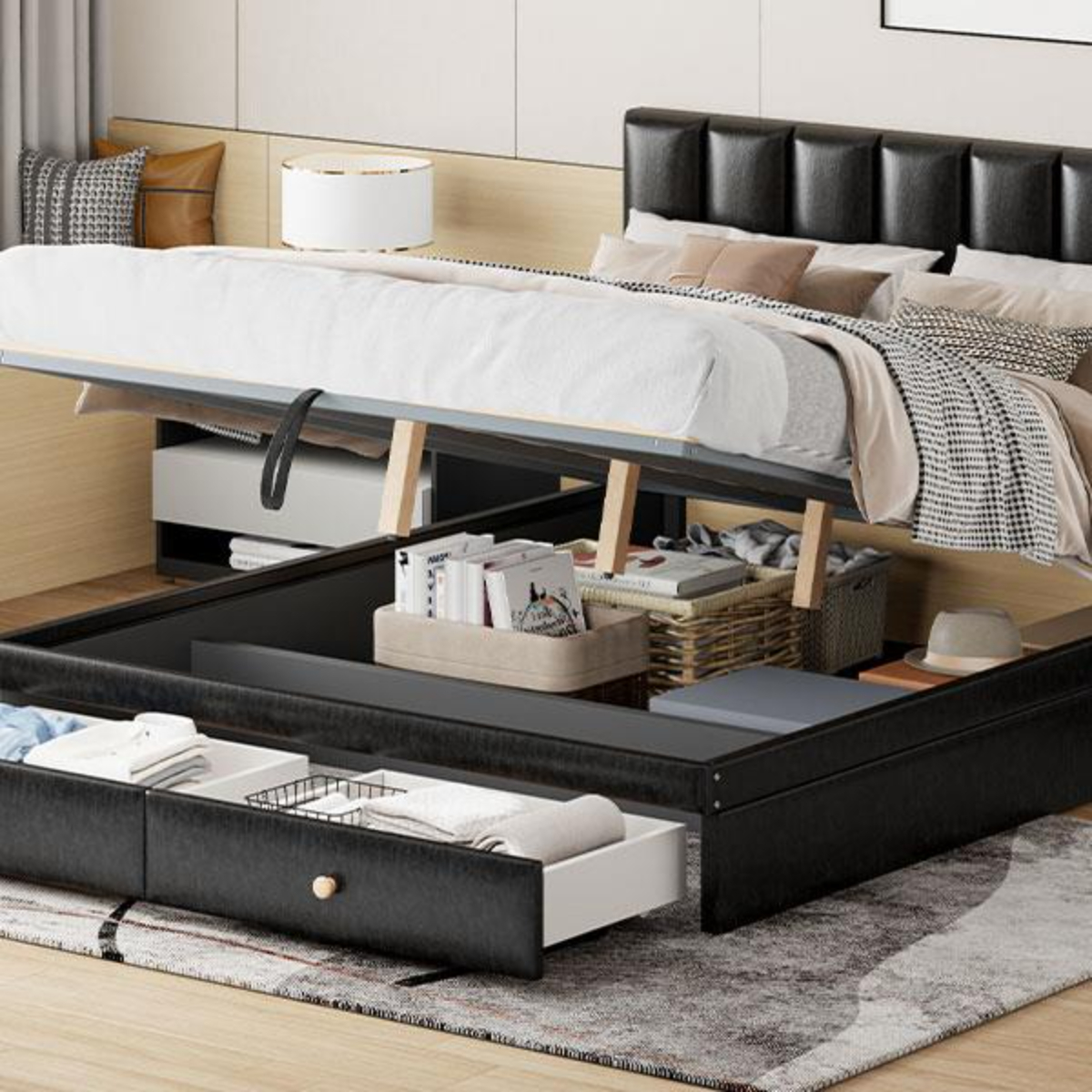 PNGCNG Queen Size Upholstered Bed with Hydraulic Storage System and