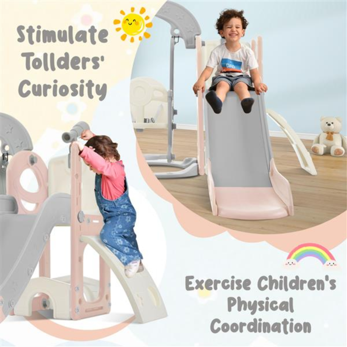 PNGCNG Toddler Slide and Swing Set 5 in 1 Kids Playground Climber Slide