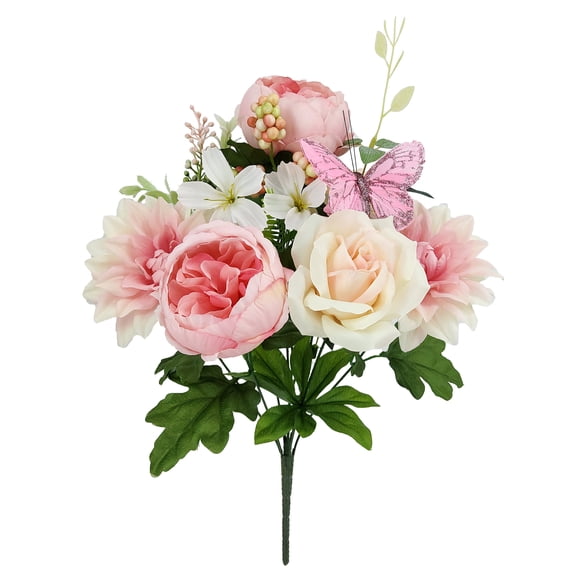 Mainstays 19" Indoor Artificial Silk Cabbage Rose Dahlia Bouquet, Pink Color.