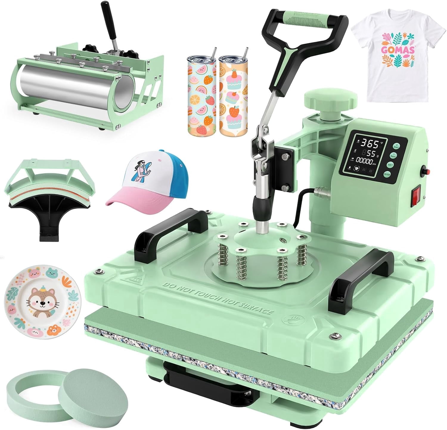 PNKKODW 12x15 inch 5 in 1 Heat Press Machine with 30OZ 20OZ Tumbler, 360° Swing Away Digital Heat Transfer Sublimation for T-Shirt, Hat Cap Plate,Green
