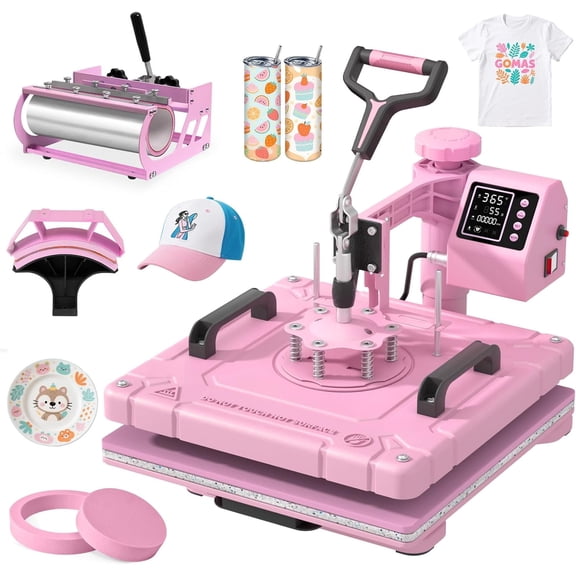 PNKKODW 15x15 Inch 5 in 1 Heat Press Machine with 30OZ Tumbler,360-Degree Swing Digital Heat Transfer Sublimation, for T Shirts Mugs Hat Plate Cap, Pink