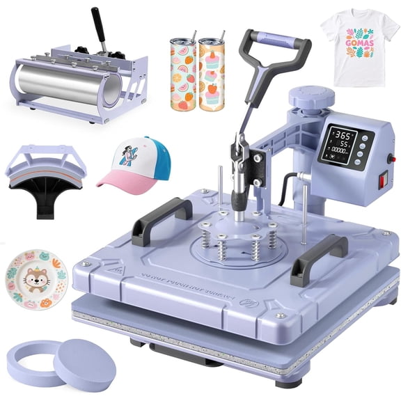 PNKKODW 15x15 inch 5 in 1 Heat Press Machine with 30OZ Tumbler , 360 Swing Away Digital Sublimation Heat Transfer for T Shirts Mugs Hat Plate Cap, Lavender