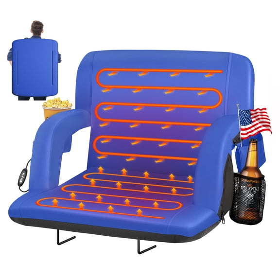 PNKKODW 25" Dual-Side Foldable Heated Stadium Seats with Back Support, Extra Portable Stadium Chair for Bleachers, USB 3 Levels of Heat, 5 Pockets for Outdoor Camping Winter Sports,Blue(No Battery)
