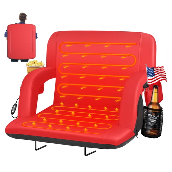 PNKKODW 25" Dual-Side Foldable Heated Stadium Seats with Back Support, Extra Portable Stadium Chair for Bleachers, USB 3 Levels of Heat, 5 Pockets for Outdoor Camping Winter Sports,Red(No Battery)