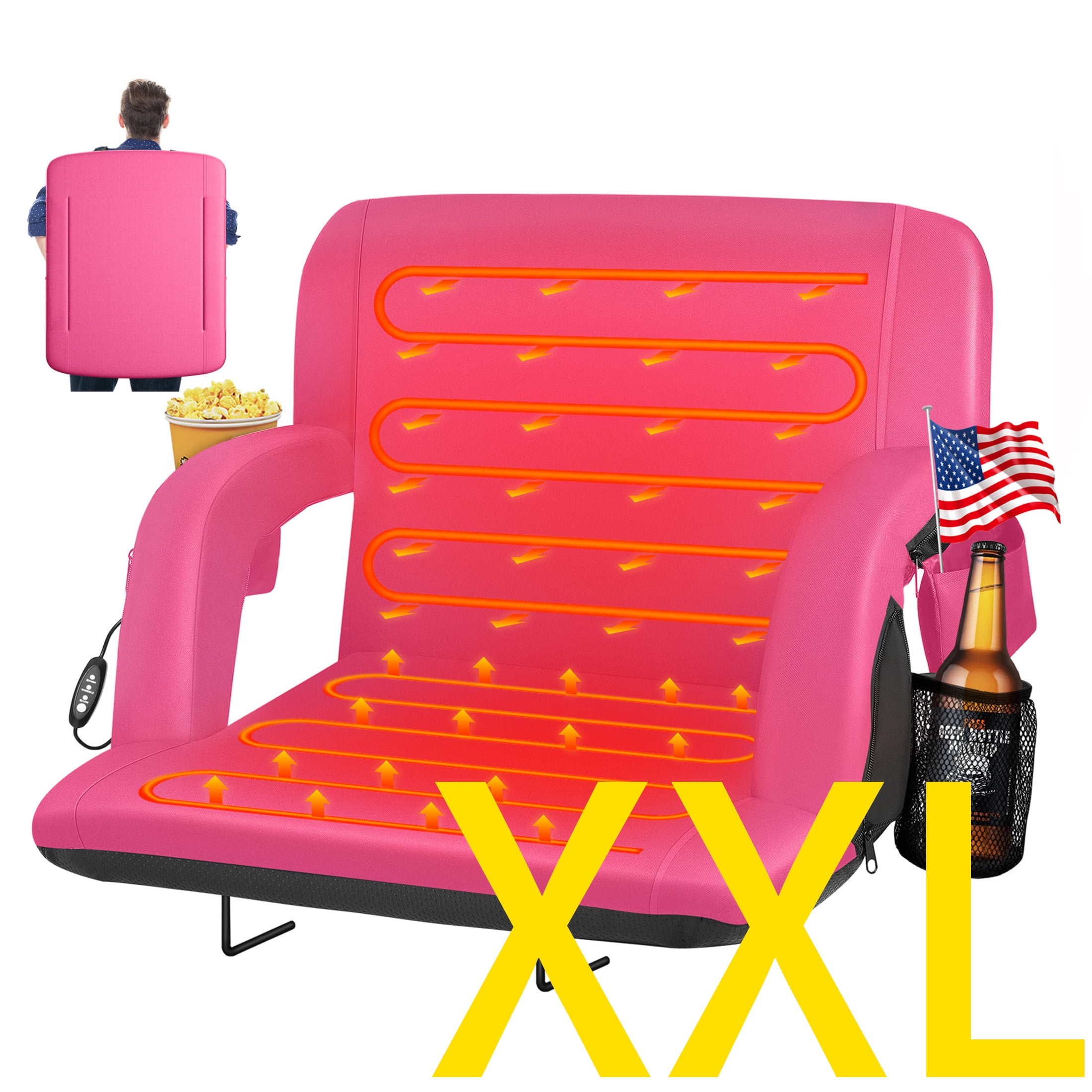 Dual-Side Heated Stadium Seat With Back Support - 25" Wide, 3 Heat Levels, Portable Foldable Chair