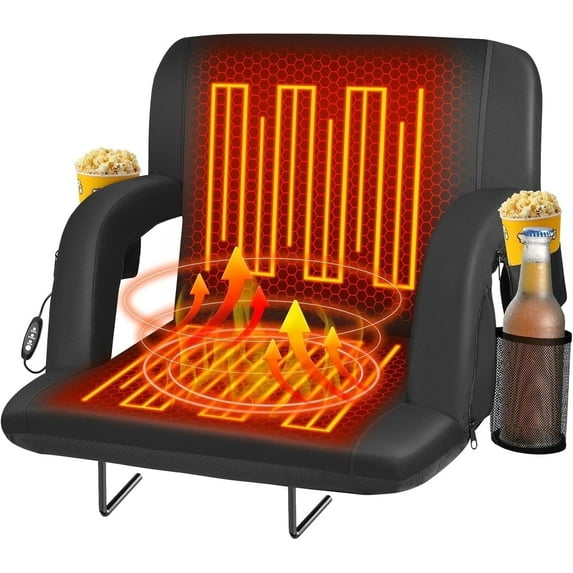 PNKKODW 25" Heated Stadium Seats for Bleachers w/ Back Support, Extra Portable Bleacher Seat Foldable Stadium Chair, USB 3 Levels of Heat, 5 Pockets for Outdoor Camping Games Sports(No Battery)