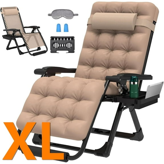 PNKKODW Oversized 29" XL Zero Gravity Chair w/Upgraded Lock and Wider Cup Holder,Removable Cushion&Headrest&Footrest, Camping Reclining Lawn Chair for Patio Outdoor Office,Beige