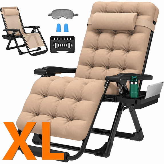 PNKKODW Oversized 29" XL Zero Gravity Chair w/Upgraded Lock and Wider Cup Holder,Removable Cushion&Headrest&Footrest, Camping Reclining Lawn Chair for Patio Outdoor Office,Beige