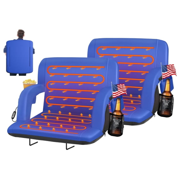 PNKKODW 2PCS 25" Dual-Side Heated Stadium Seats with Back Support, Extra Wide Stadium Chair for Bleachers, USB 3 Levels Heat, 5 Pockets for Outdoor Camping Winter Sports,Blue(No Battery)