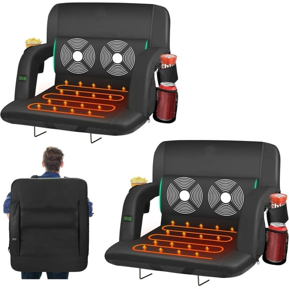 PNKKODW 2PCS 25" Heated Massage Stadium Seats for Bleachers with Back Support, Portable Stadium Chair with 6 Reclining Positions, Armrest, for Outdoor(NO BATTERY)