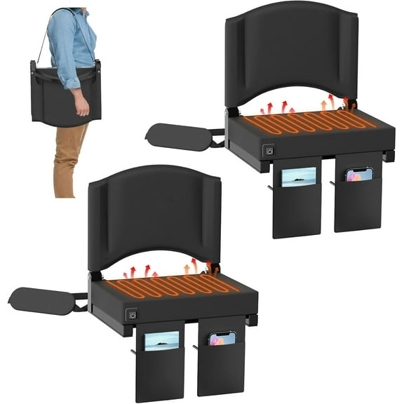 PNKKODW 2PCS Heated Stadium Seats for Bleachers with Back Support and Shoulder Strap, 3 Levels Heated Portable Folding Stadium Chair for Outdoor Sports(NO BATTERY)