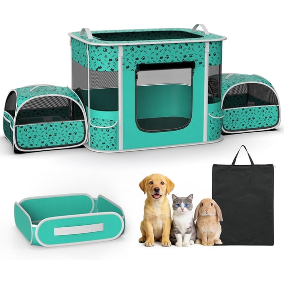 PNKKODW 3-Room Pet Playpen, Portable Cat/Dog Playpen with Litter Box, Foldable Soft Dog Crate for Indoor/Outdoor, Gray+Green