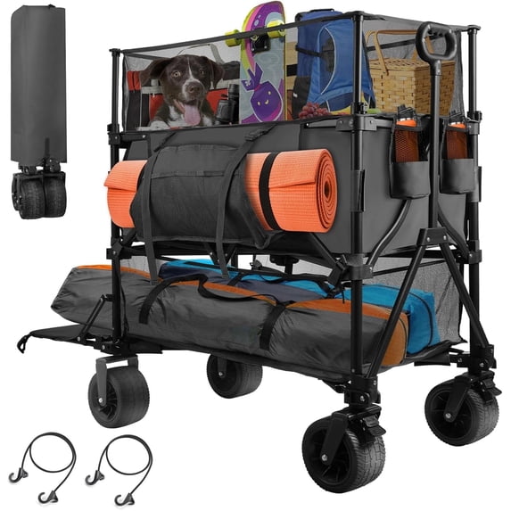 PNKKODW 550L XXL Foldable Double Decker Wagon, 550LBS, 360° Handle, Heavy Duty, All-Terrain Wheels, Black
