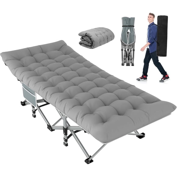 PNKKODW XL Folding Camping Cot Extra Wide 28" 500lbs No Set Up, with Mattress for Adults Carry Bag, Portable Bed Cot for Tent, Office Home Nap, Outdoor, Gray Cot Gray Pad