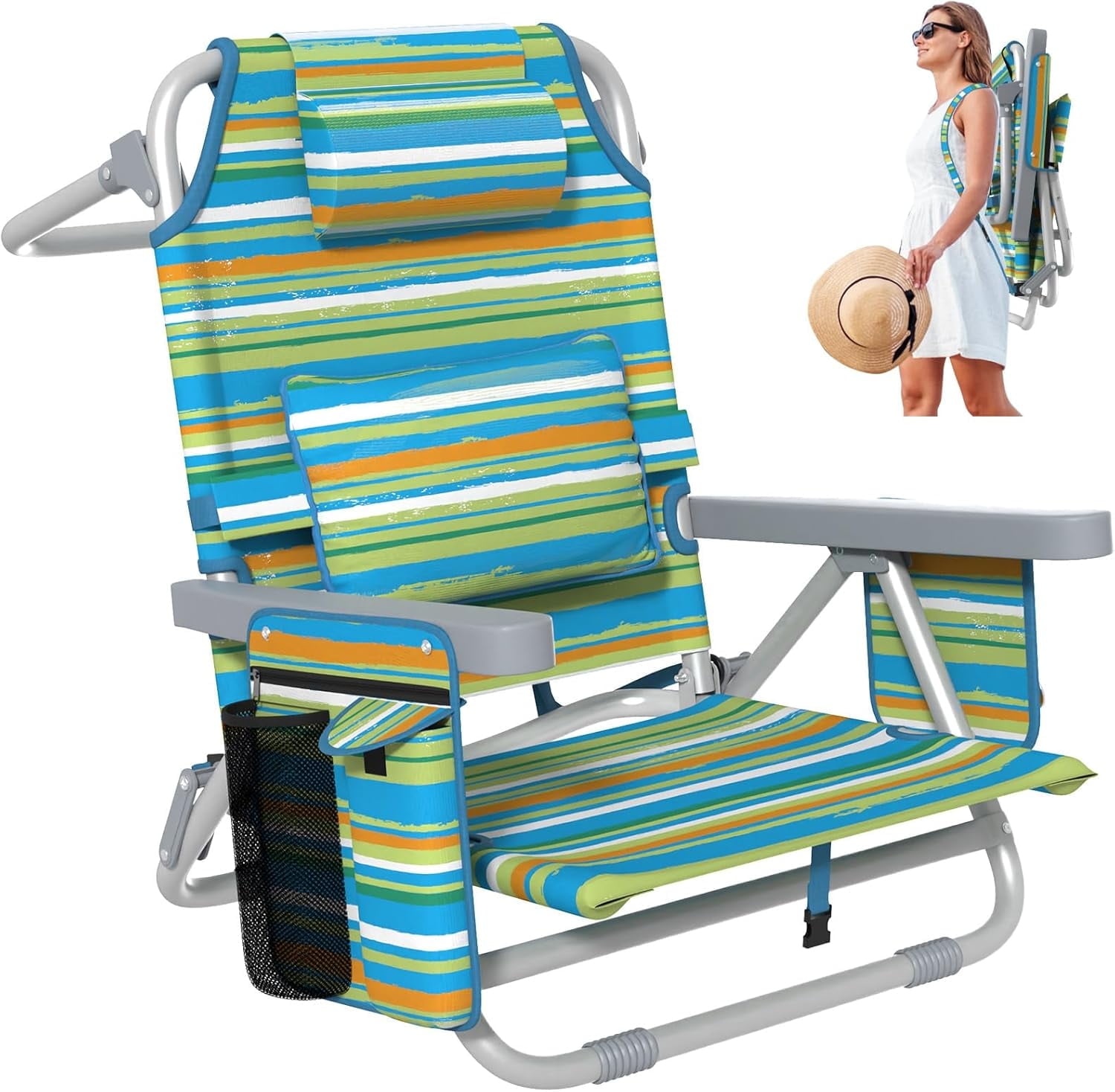 PNKKODW Backpack Beach Chair Reclining with 5 Adjustable Positions ...