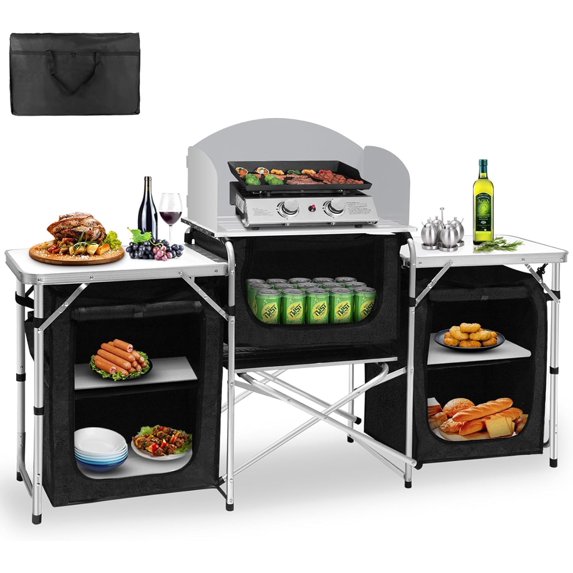 PNKKODW Camping Kitchen Table with 3 Storage Cupboards, Aluminum ...