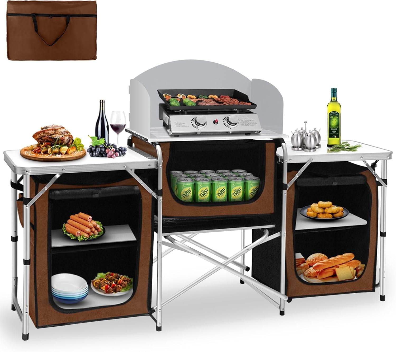 PNKKODW Camping Kitchen Table with 3 Storage Cupboards, Aluminum ...