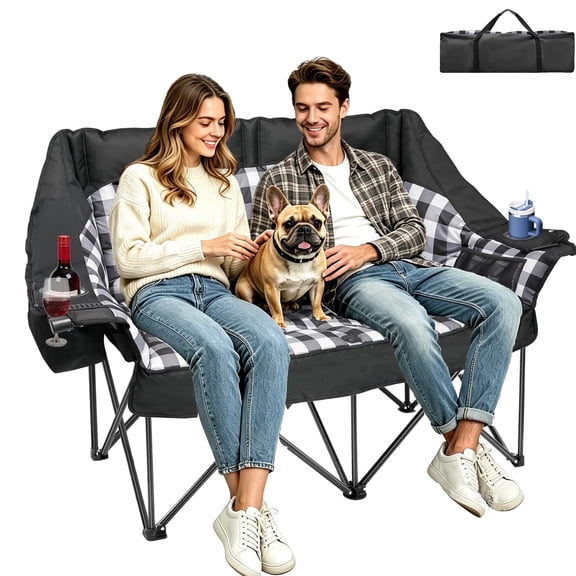 PNKKODW Oversized Padded Double Camping Chair Heavy Duty Folding Loveseat Supports Up to 800 lb 2 Person Outdoor Lawn Chair with Cooler Bags and Wine Glass Holders