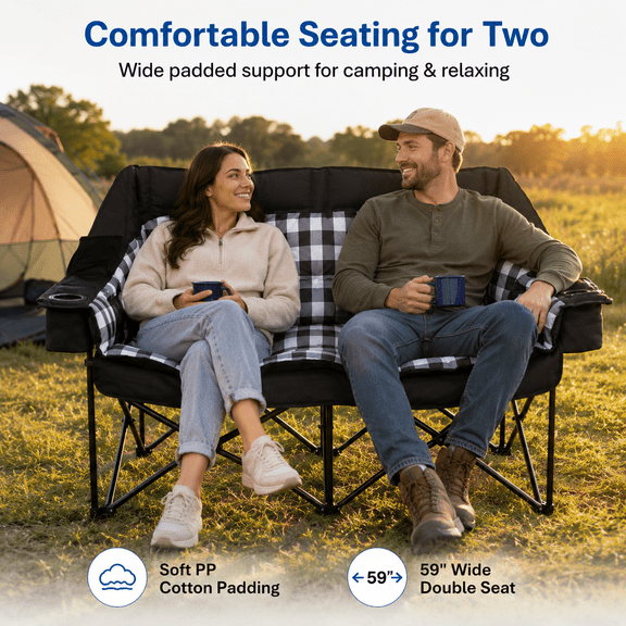 PNKKODW Oversized Padded Double Camping Chair Heavy Duty Folding Loveseat Supports Up to 800 lb 2 Person Outdoor Lawn Chair with Cooler Bags and Wine Glass Holders