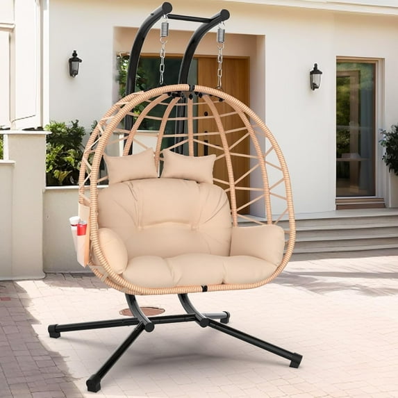 PNKKODW Double Egg Swing Chair for 2, Rattan Wicker w/UV Resistant Cushion, Brown, Indoor/Outdoor