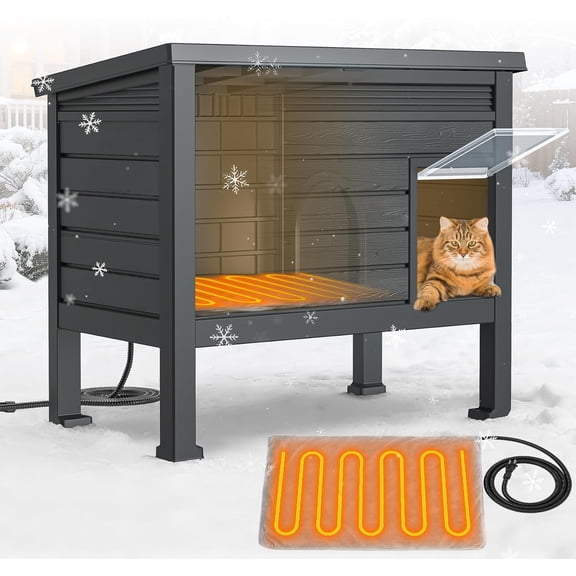 PNKKODW Heated Cat House for Outside, Insulated Cat House with Heated Pad Escape Door for Winter,Weatherproof Clawsable Feral Cat Shelter for Multiple Cats