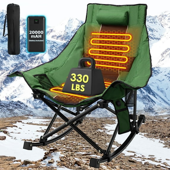 PNKKODW XL Oversized Heated Rocking Camping Chair, 3 Heat Levels Heated, Cup Holder, 600D Oxford, for Winter Outdoor, Green(With 20,000mAh Power Bank)