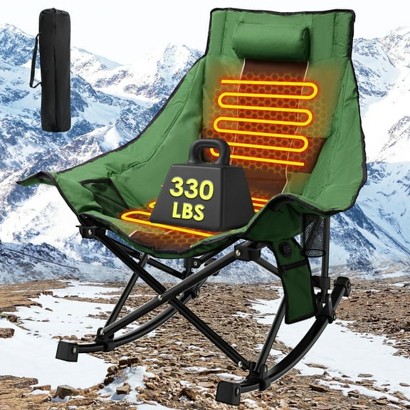 PNKKODW XL Oversized Heated Rocking Camping Chair, 3 Heat Levels Heated, Cup Holder, 600D Oxford, for Winter Outdoor, Green(NO BATTERY)