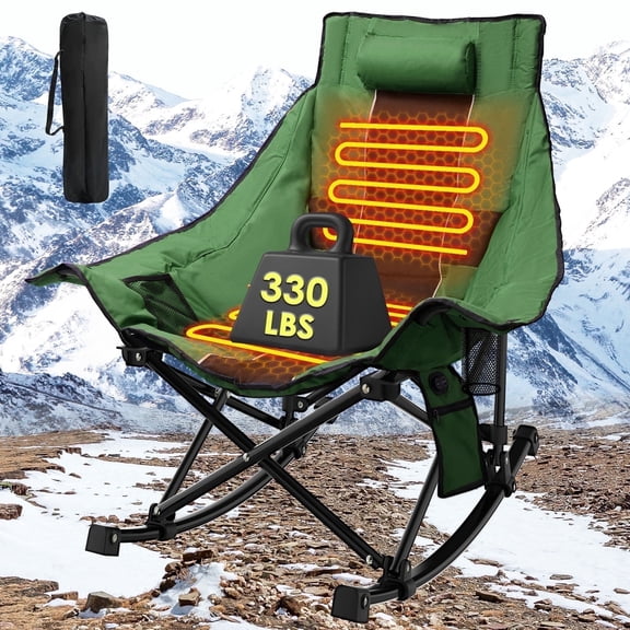 PNKKODW XL Heated Rocking Camping Chair for Adults,Comfort Outdoor Rocker,3 Heat Levels,Cup Holder,600D Oxford,Heavy Duty 330 lbs,Folding Chair with Back Support,Green