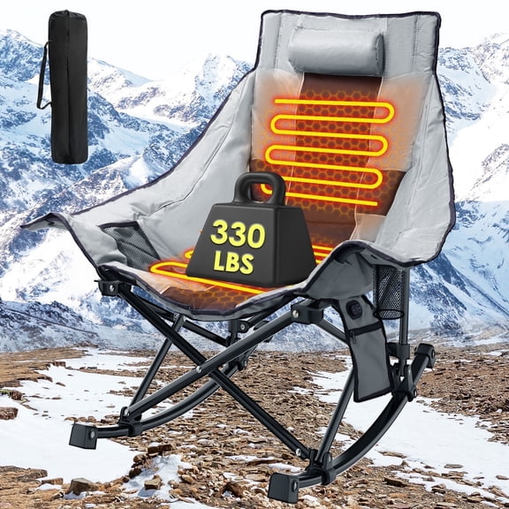 PNKKODW XL Oversized Heated Rocking Camping Chair, 3 Heat Levels Heated, Cup Holder, 600D Oxford, for Winter Outdoor,Gray(NO BATTERY)