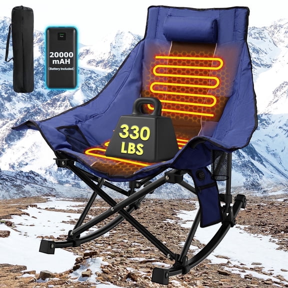 PNKKODW XL Heated Rocking Camping Chair for Adults,Comfort Outdoor Rocker,Blue with Power Pack,3 Heat Levels,Cup Holder,600D Oxford,Heavy Duty 330 lbs,Folding Chair with Back Support