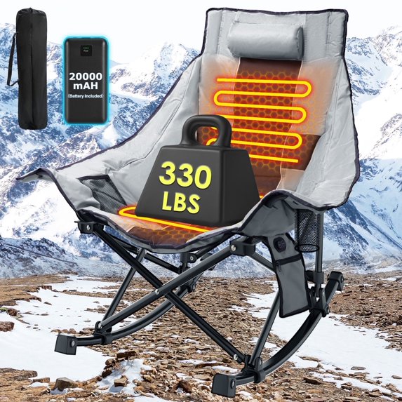 PNKKODW XL Oversized Heated Rocking Camping Chair, 3 Heat Levels Heated, Cup Holder, 600D Oxford, for Winter Outdoor, Gray(With 20,000mAh Power Bank)