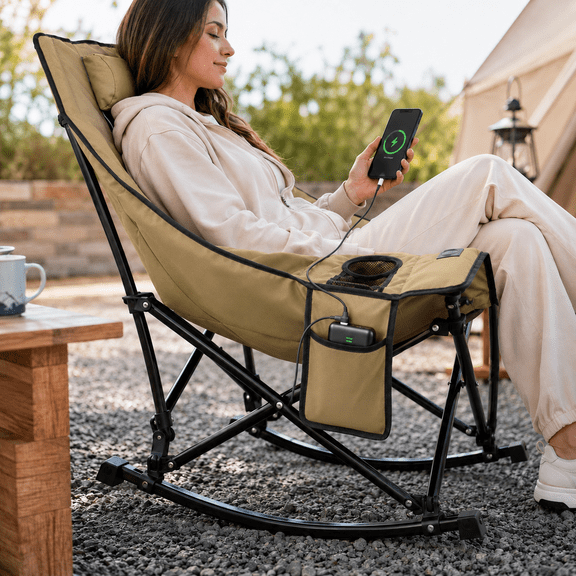 PNKKODW XL Heated Rocking Camping Chair for Adults,Comfort Outdoor Rocker,Beige with Power Pack,3 Heat Levels,Cup Holder,600D Oxford,Heavy Duty 330 lbs,Folding Chair with Back Support