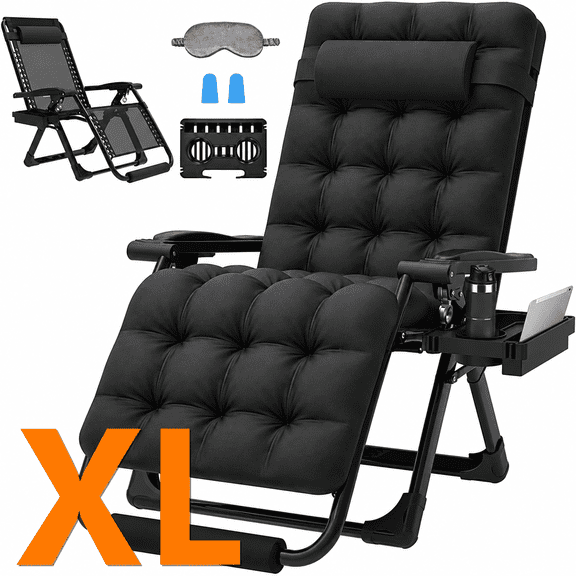 PNKKODW Oversized 29" XL Zero Gravity Chair w/Upgraded Lock and Wider Cup Holder,Removable Cushion&Headrest&Footrest, Camping Reclining Lawn Chair for Patio Outdoor Office,Black